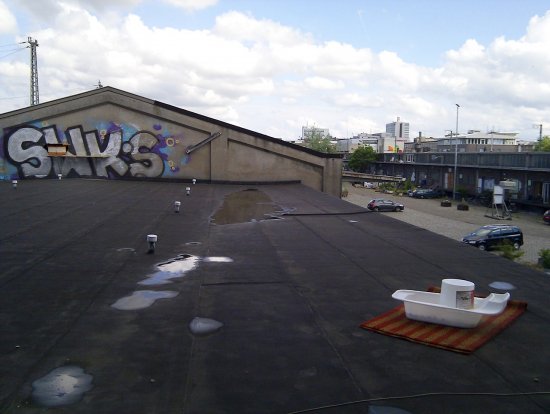 Der Standort auf einem Regal über einem Bitumendach.